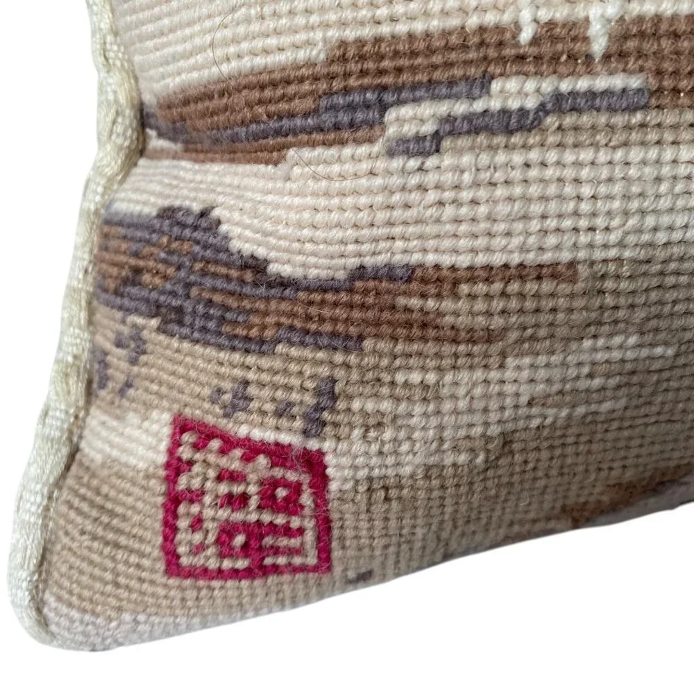 Wool needlepoint petit‎ point cranes bamboo cream throw pillow zip back 15x14
